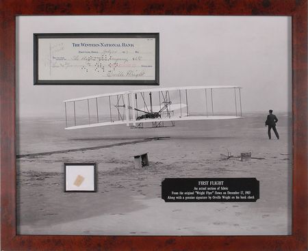 Lot #534 Orville Wright: Beautifully presented check and original Wright Flyer fabric - Image 1