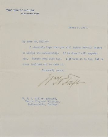 Lot #72 William H. Taft: “I sincerely hope that you will induce Merrill Moores to accept the marshalship” - Image 2