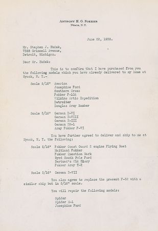 Lot #552 Anthony Fokker: The noted aircraft inventor orders a slew of airplane models - Image 1