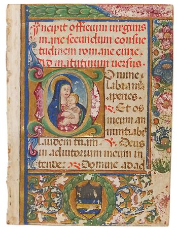 Lot #616 Medieval Book of Hours: Beautifully illuminated 15th century Book of Hours leaf featuring the Madonna and child - Image 1
