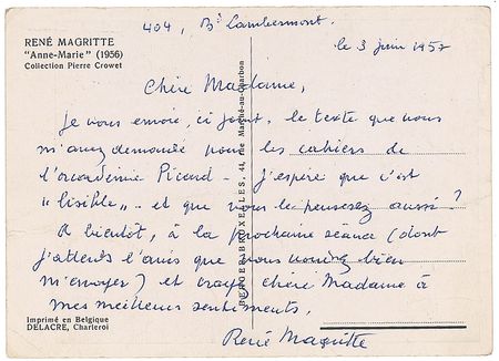 Lot #613 Rene Magritte: Rare postcard of a trademark surrealist portrait - Image 1