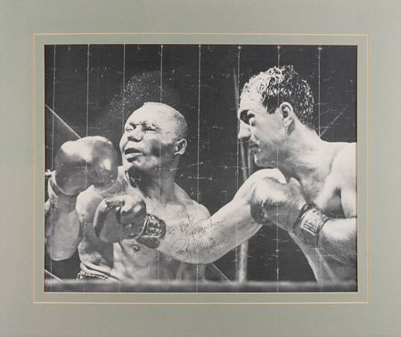 Lot #1323 Rocky Marciano: Enormous portrait of Marciano punishing Walcott - Image 1