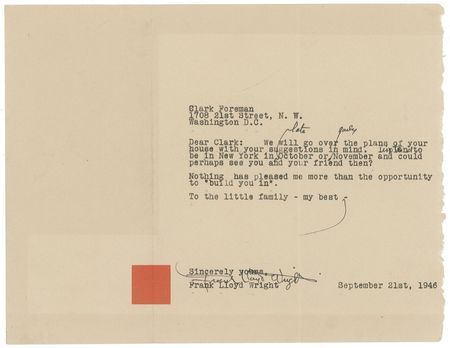 Lot #574 Frank Lloyd Wright: Wright builds a house for the Federal Housing Administrator: ?Nothing has pleased me more than the opportunity to ?build you in?? - Image 2