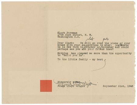 Lot #574 Frank Lloyd Wright: Wright builds a house for the Federal Housing Administrator: ?Nothing has pleased me more than the opportunity to ?build you in?? - Image 1
