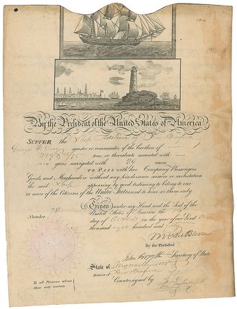 Lot #16 Martin Van Buren: Ship’s pass for the