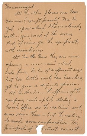 Lot #68 Herbert Hoover: Rare letter while gold mining in China: “The natives work some veins there—but the natives demand some compensation” - Image 2