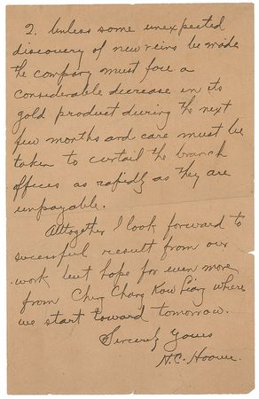 Lot #68 Herbert Hoover: Rare letter while gold mining in China: “The natives work some veins there—but the natives demand some compensation” - Image 5
