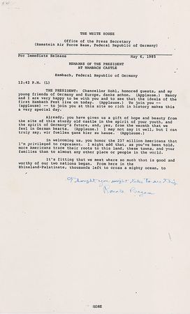 Lot #104 Ronald Reagan: Finishing his historic state visit, Reagan criticizes Communist Europe, singling out Russia as “cousins on the other side of the wall” - Image 2