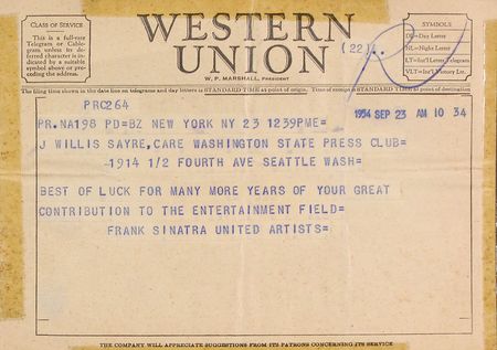 Lot #833 J. Willis Sayre Collection: Arts critic J. Willis Sayre?s outstanding collection of signed photos and telegrams from such legends as Monroe, Valentino, and Sinatra - Image 2