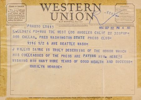 Lot #833 J. Willis Sayre Collection: Arts critic J. Willis Sayre?s outstanding collection of signed photos and telegrams from such legends as Monroe, Valentino, and Sinatra - Image 3