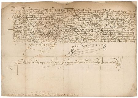 Lot #193 Ferdinand and Isabella: Remarkable 1494 document involving the laws of maritime navigation, signed by the patrons of Christopher Columbus - Image 1