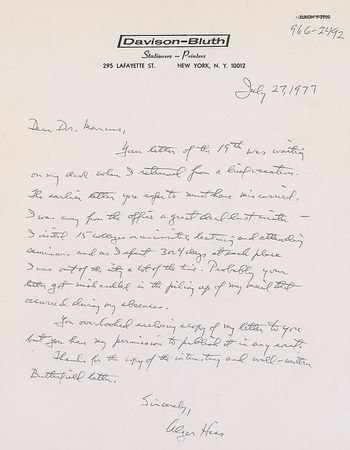 Lot #205 Alger Hiss: The persecuted ‘spy’ weighs in on Nixon, mentioning the “adversary encounters such as I had with him in 1948” - Image 3