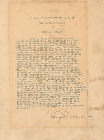 Lot #79 Harry S. Truman: Medal for Merit and citation presented to a vital member of the president’s War Manpower Commission - Image 3