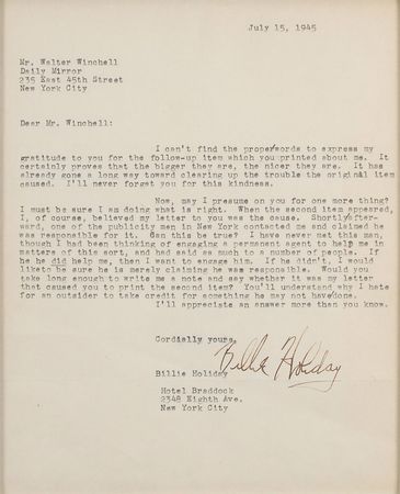 Lot #672 Billie Holiday: Thanking Winchell for a gossip column retraction that described her disappearance at ‘four o’clock in the morning, drunker than a Lord’ - Image 2
