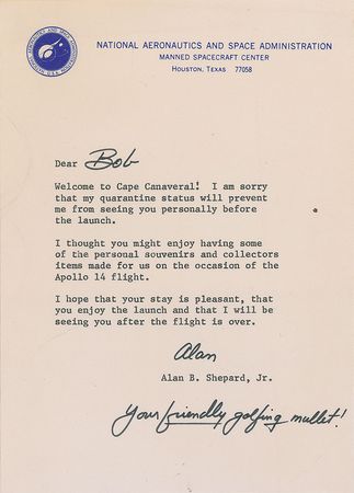 Lot #435 Alan Shepard: Shortly before lift off, the Apollo 14 commander and ?friendly golfing mullet? pays a bet to Robert Goulet - Image 1