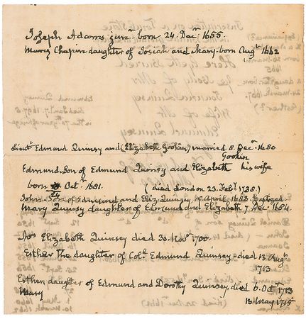 Lot #12 John Quincy Adams: Adams traces his lineage back to 1648, detailing the evolution of “Quinsey” to “Quinsy” to “Quincy” - Image 2