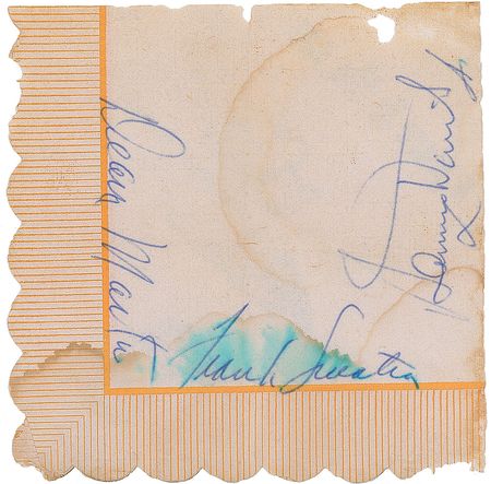 Lot #829 Rat Pack: Casino cocktail napkin signed by Dean, Sammy, and ‘The Chairman’ - Image 1