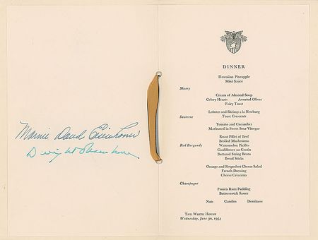 Lot #84 Dwight and Mamie Eisenhower: Menu from Ike’s White House dinner honoring his impressive West Point class - Image 1