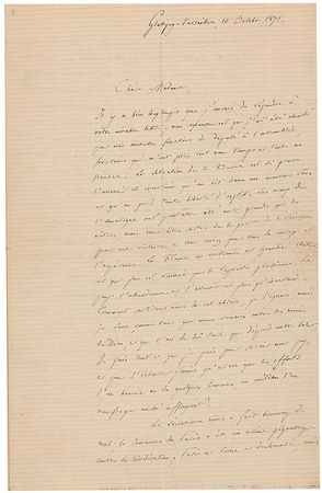 Lot #228 Edouard Rene de Laboulaye: The Frenchman behind the Statue of Liberty writes on Bartholdi?s first scouting trip overseas: ?He is a very gallant man and an artist with a lot of talents; I truly wish that his project can succeed in America? - Image 1