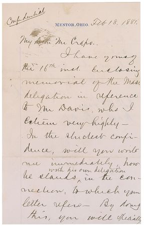 Lot #39 James A. Garfield: As president-elect, Garfield weighs in on a possible cabinet position for a California representative - Image 1