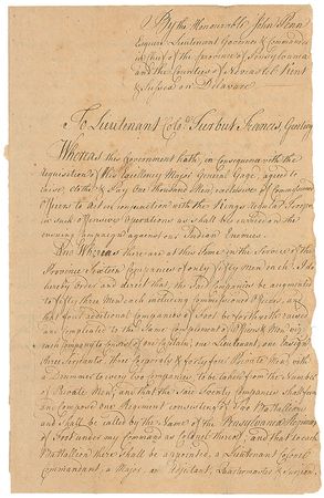 Lot #171 John Philip de Haas: Raising 1,000 men for “such offensive operations as shall be carried on the ensuing Campaign against our Indian Enemies” - Image 1