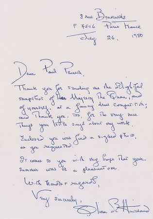 Lot #868 Olivia de Havilland Signed Photograph and Handwritten Letter Signed - Image 2