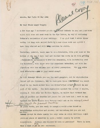 Lot #576 Frank Lloyd Wright: ?Goodbye, Lewis, I shall read your ?brief? in the New Yorker with shame. I shall read it knowing your real opinion is worthless whatever you may write? - Image 5