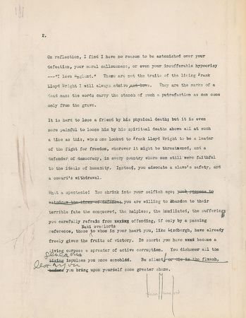 Lot #576 Frank Lloyd Wright: ?Goodbye, Lewis, I shall read your ?brief? in the New Yorker with shame. I shall read it knowing your real opinion is worthless whatever you may write? - Image 6
