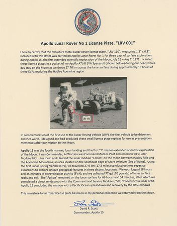 Lot #396 Apollo 15: Extremely desirable lunar license plate carried on three moonwalks, including 17 miles in the rover - Image 2