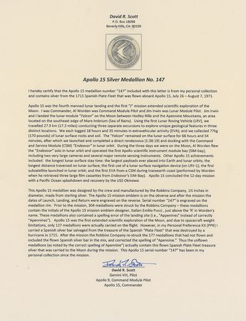 Lot #397 Apollo 15: Mint Robbins medal, made with Spanish silver, direct from the mission?s commander - Image 3