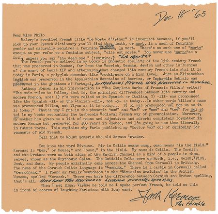 Lot #532 Jack Kerouac: Amazing letter by “Jack Kerouac the Humble,” humorously discussing the vernacular French in his fiction and origin of his family name - Image 1