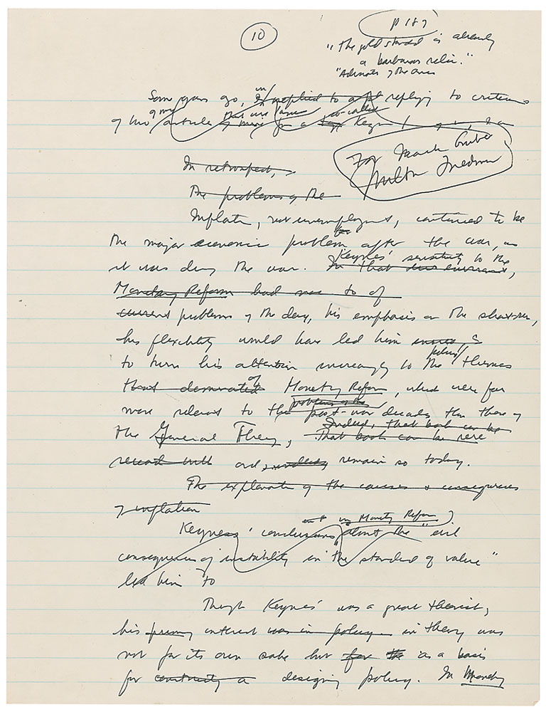 Lot 218 Milton Friedman: “Though Keynes was a great thinker, his interest in theory was not for its own sake but ‘as a base’ for designing policy”