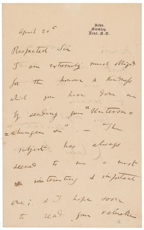 Lot #185 Charles Darwin: Darwin sends thanks for a book on Tertiary flora, a ?subject [that] has always seemed to me a most interesting & important one? - Image 1