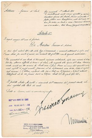 Lot #275 Benito Mussolini and Vittorio Emanuele III Signed Document - Image 1