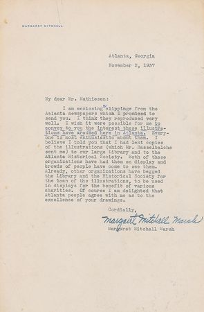 Lot #669 Margaret Mitchell: Exceptional 1937 letter and press clippings on a Danish artist?s interpretations of Gone With the Wind - Image 1