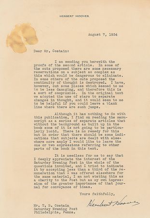 Lot #54 Herbert Hoover: Hoover submits The Challenge to Liberty to the Saturday Evening Post - Image 1