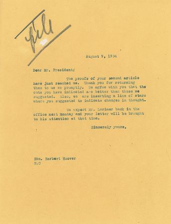 Lot #54 Herbert Hoover: Hoover submits The Challenge to Liberty to the Saturday Evening Post - Image 2