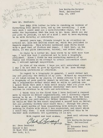 Lot #569 Charles Lindbergh: ?This article contained some facts mixed with a good deal of fiction and rumor. I felt that, on the whole, it was quite inaccurate, trivial, and rather silly? - Image 1