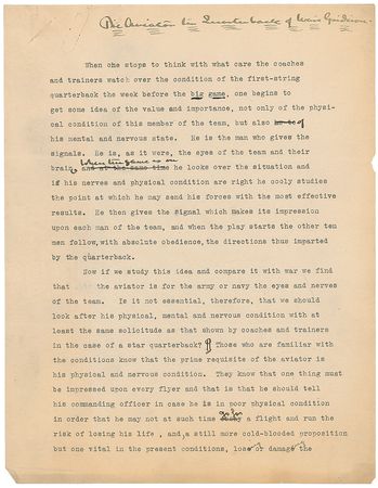 Lot #1035 Walter Camp: Remarkable manuscript by the football innovator—“The Aviator, the Quarterback of War’s Gridiron” - Image 2