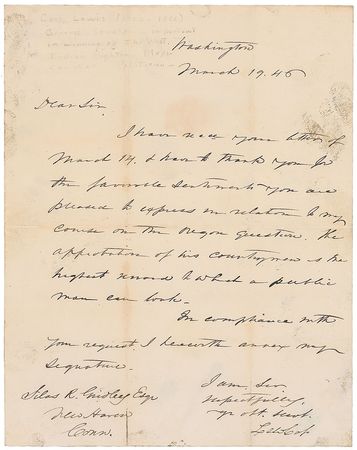 Lot #169 Lewis Cass: Acknowledging appreciation for his hardline approach on the Oregon dispute with the British - Image 1