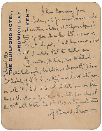 Lot #698 George Bernard Shaw: ?If it is not too late, you can play Arms & the Man & You Never Can Tell from August? - Image 1