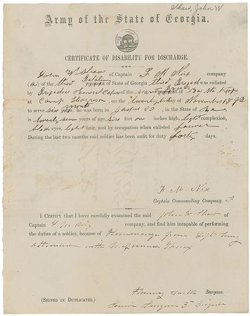 Lot #410 William H. T. Walker: Rare discharge certificate endorsed by the general shot from his horse during the Battle of Atlanta - Image 1