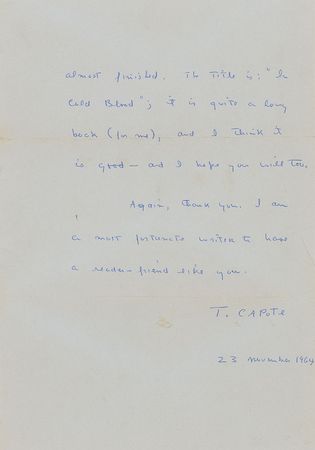 Lot #632 Truman Capote: ?I have been working, and working steadily and single-mindedly, on a new book for the past five, almost six years. Now it is almost finished. The title is: ?In Cold Blood?? - Image 2