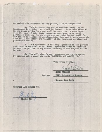 Lot #792 Gram Parsons: Early management contract for Parsons and the International Submarine Band - Image 2