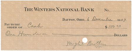 Lot #583 Wilbur Wright: Rare and exceptional 1909 Wilbur Wright check, twice-signed “Wright Brothers, W. W.” - Image 1