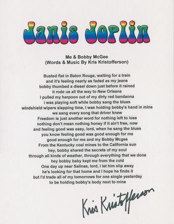 Lot #876 Kris Kristofferson: Lyrics to Joplin’s posthumous number one hit - Image 1