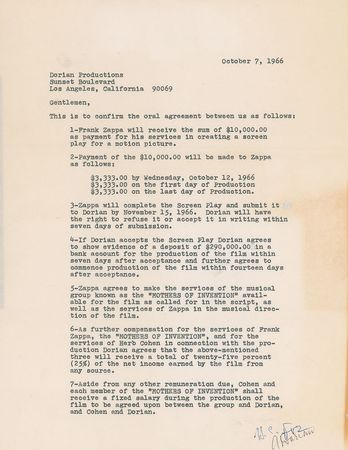Lot #815 Frank Zappa: Zappa agrees to write a screenplay for $10,000 - Image 1
