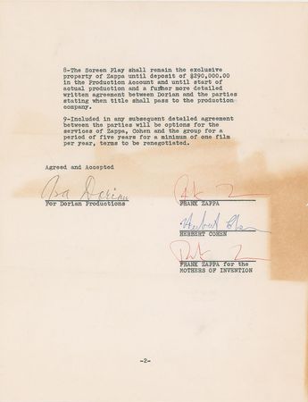 Lot #815 Frank Zappa: Zappa agrees to write a screenplay for $10,000 - Image 2