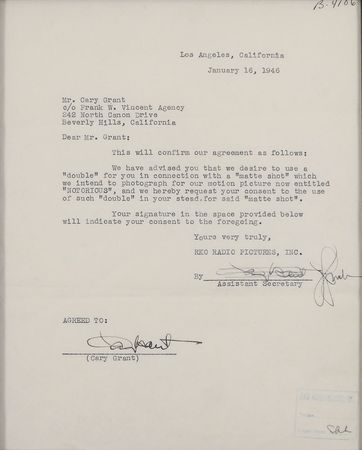 Lot #923 Cary Grant: Authorizing the use of a stand-in during the 1946 filming of Hitchcock’s Notorious - Image 2