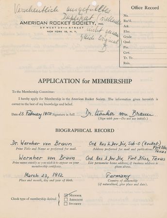 Lot #577 Wernher von Braun: Von Braun?s 1950 application to join the American Rocket Society, including his complete work history for the Germans - Image 1